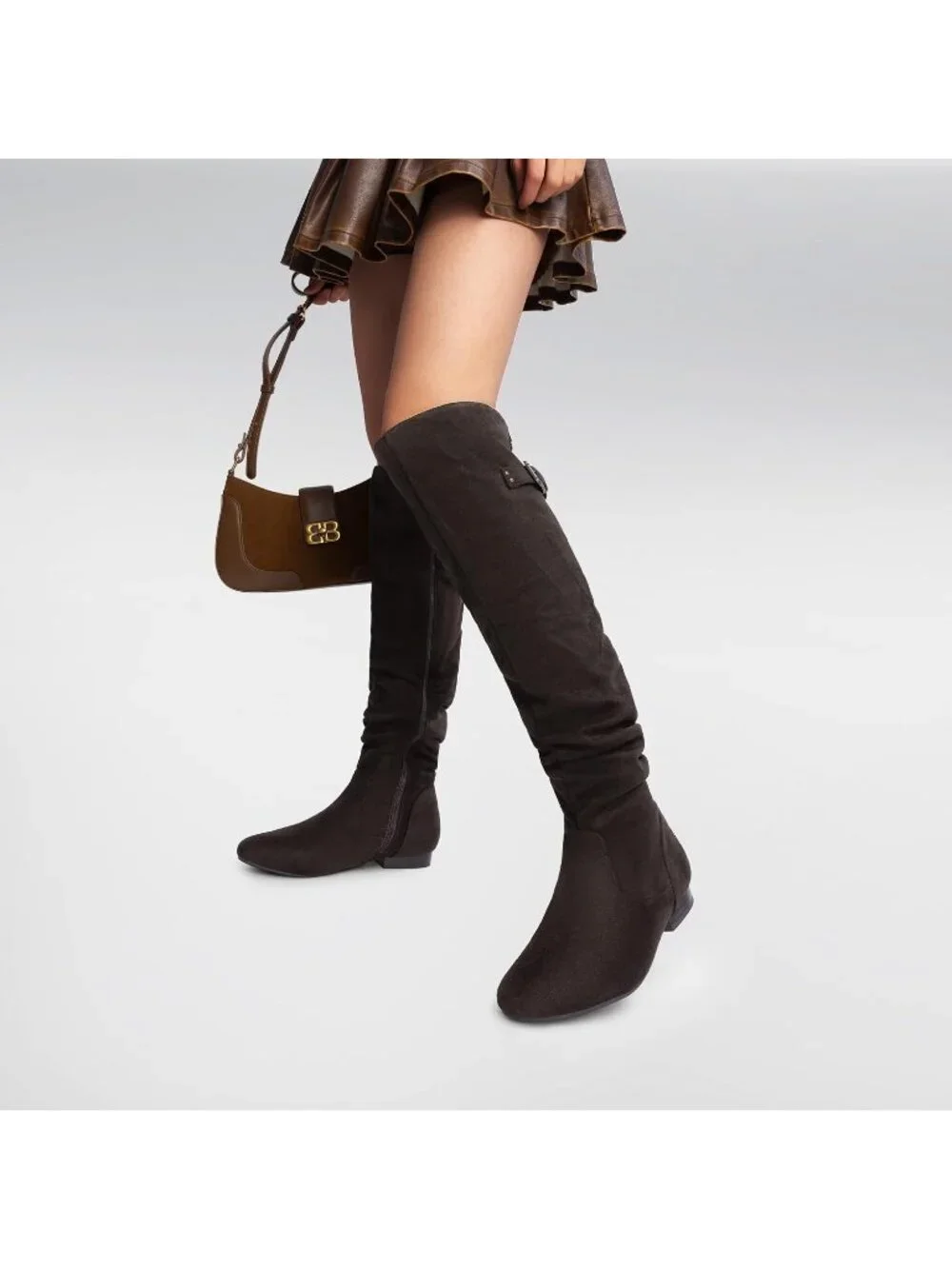 Women's Brown Flat Heel Pointed Toe Slouch Over The Knee Thigh High Boots